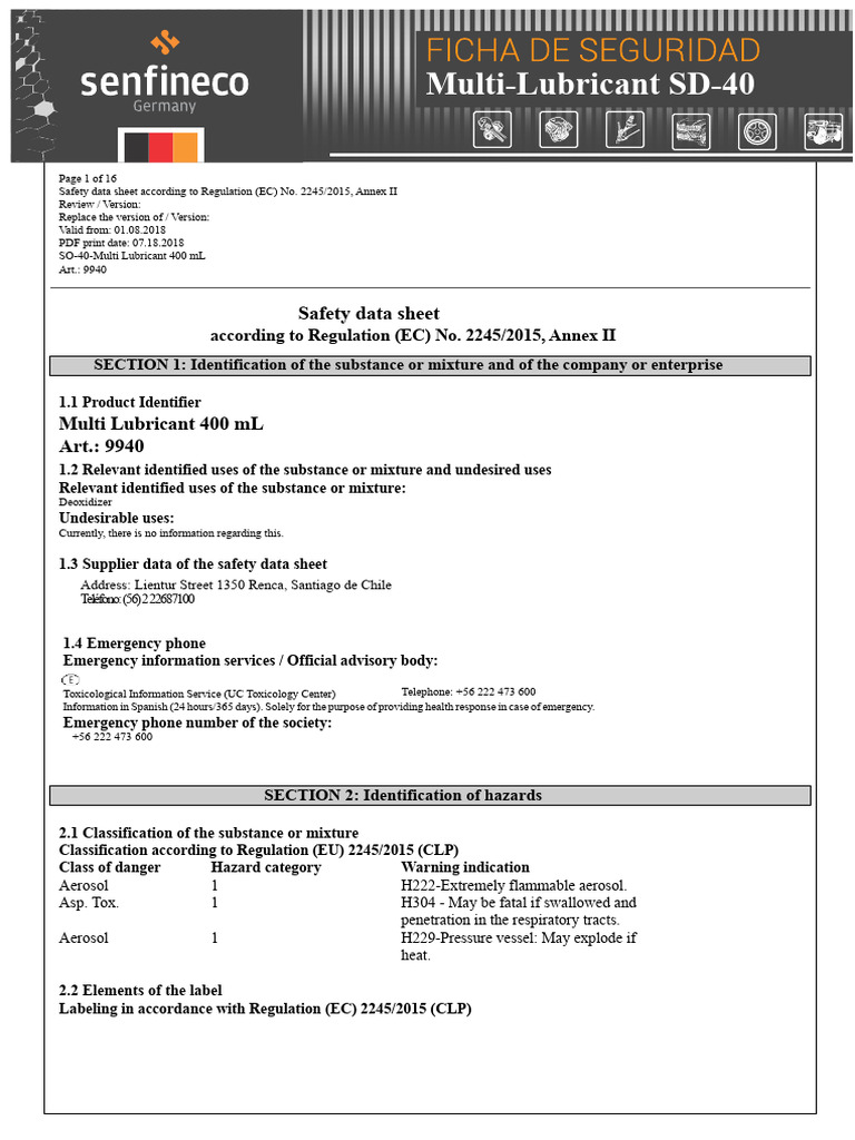 Multi-Lubricant SD-40 Safety Data Sheet | PDF | Toxicity | Solubility