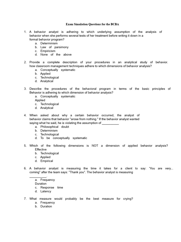 BCBA Exam Simulation Questions | PDF | Reinforcement | Psychological ...