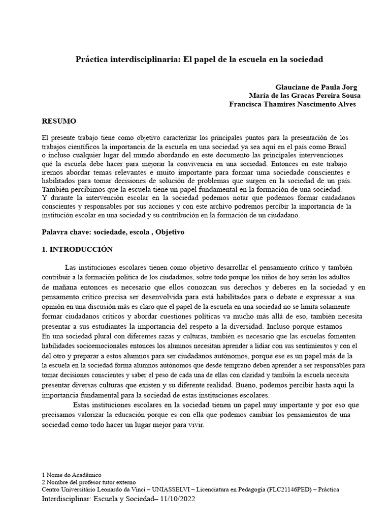 Práctica Interdisciplinaria El Papel de La Escuela en La Sociedad 2 ...