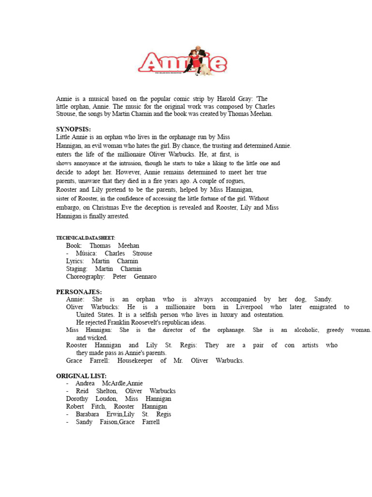 Annie: A Synopsis and Overview | PDF | Annie (Musical) | Musical ...