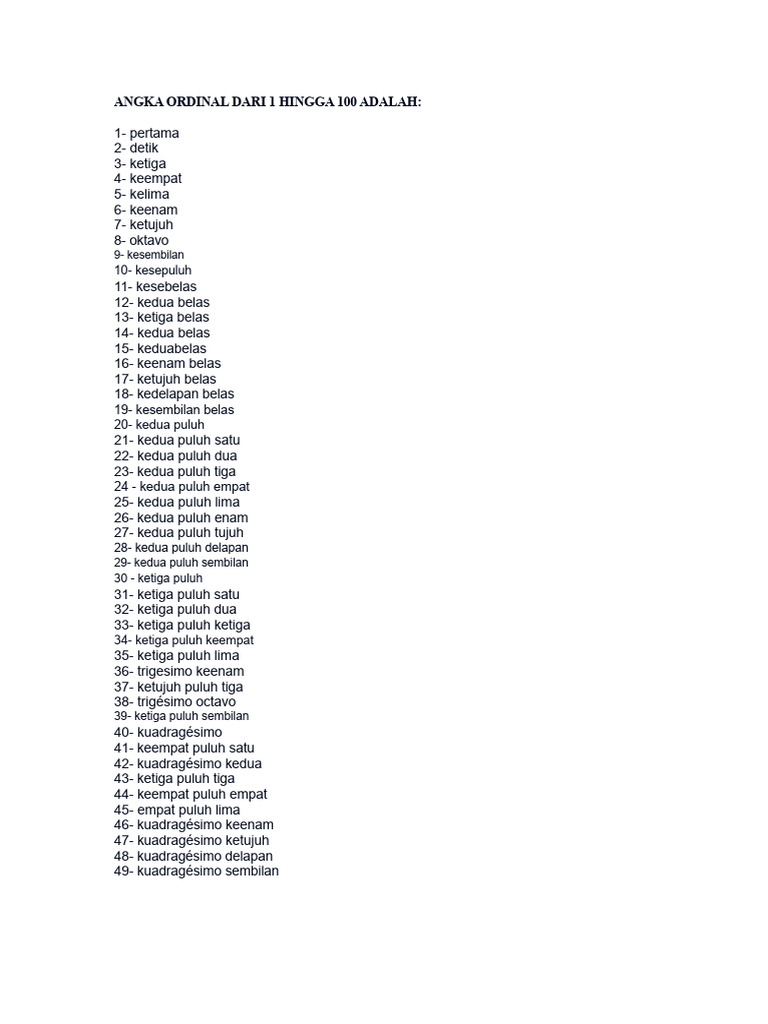Daftar Angka Ordinal 1-100 dalam Bahasa Indonesia | PDF