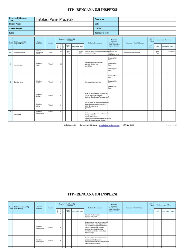 Rencana Uji Inspeksi Panel Pracetak | PDF