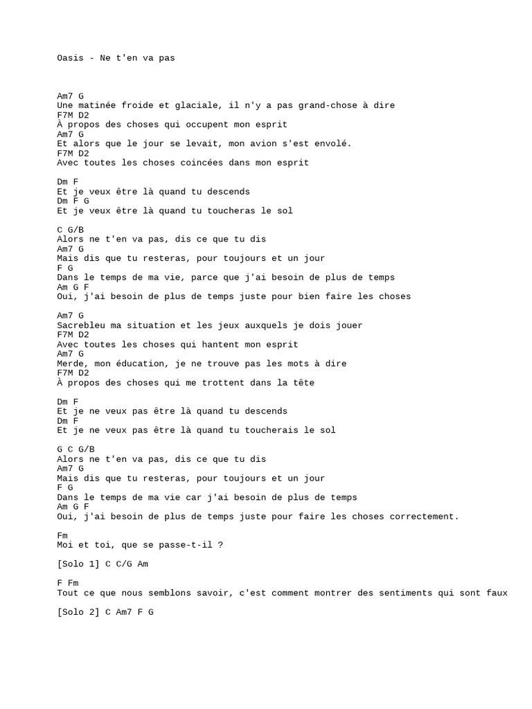 Oasis Ne T en Va Pas Paroles Et Accords PDF