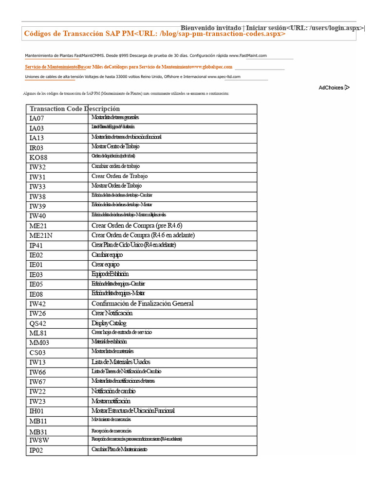 Códigos de Transacción SAP PM Esenciales | PDF | Informática