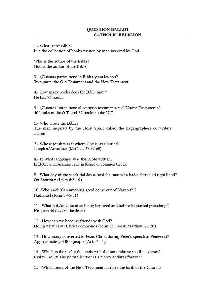 Catholic Religion Bible Quiz Questions | PDF | Jesus | Acts Of The Apostles