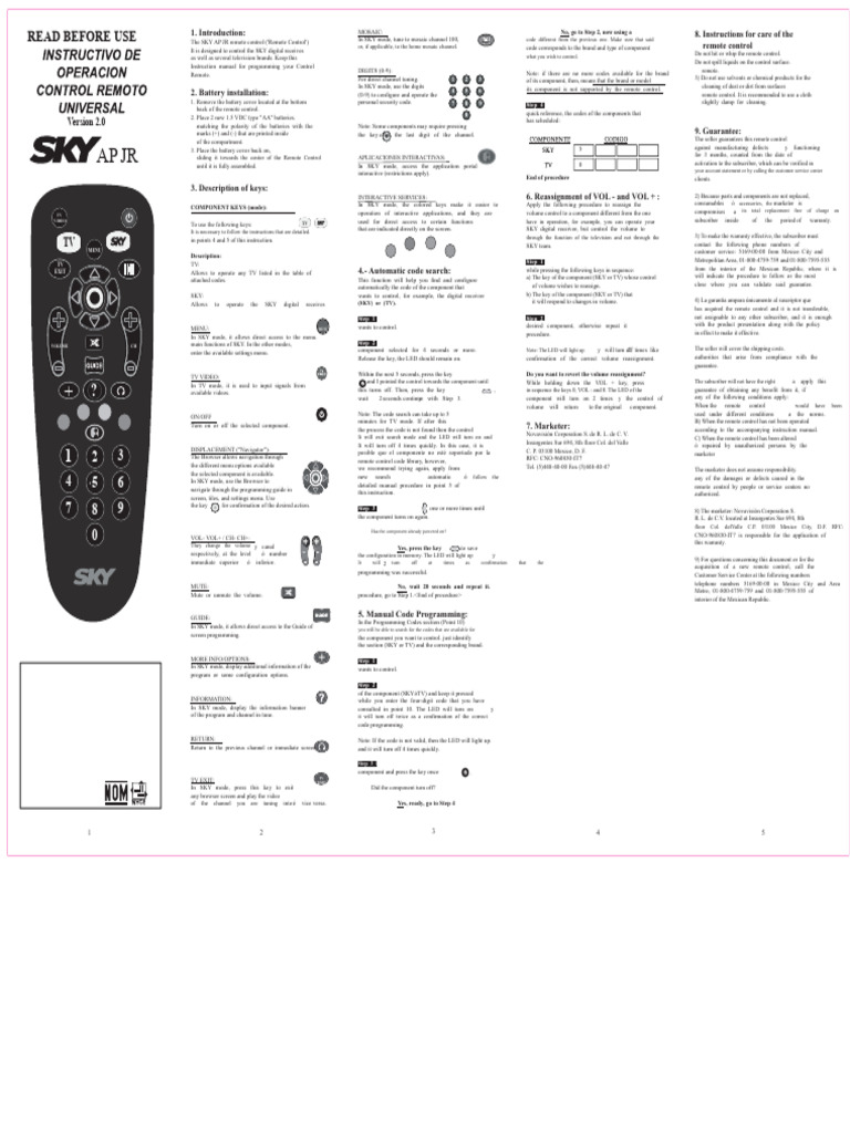 SKY AP JR Remote Control Guide | PDF | Remote Control | Electronics