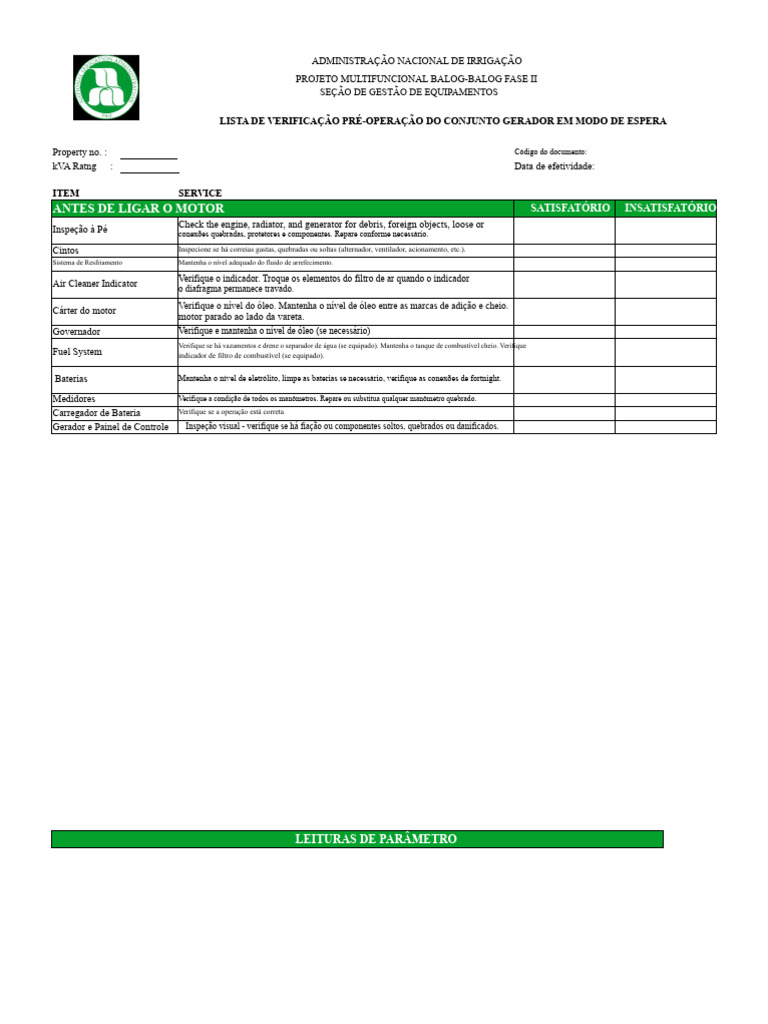 Checklist Pré-Operacional Gerador Standby | PDF | Motores