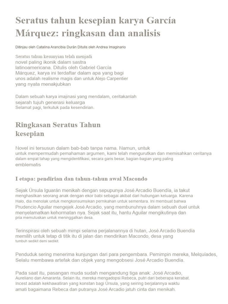 Seratus Tahun Kesepian Oleh García Márquez - Ringkasan Dan Analisis ...