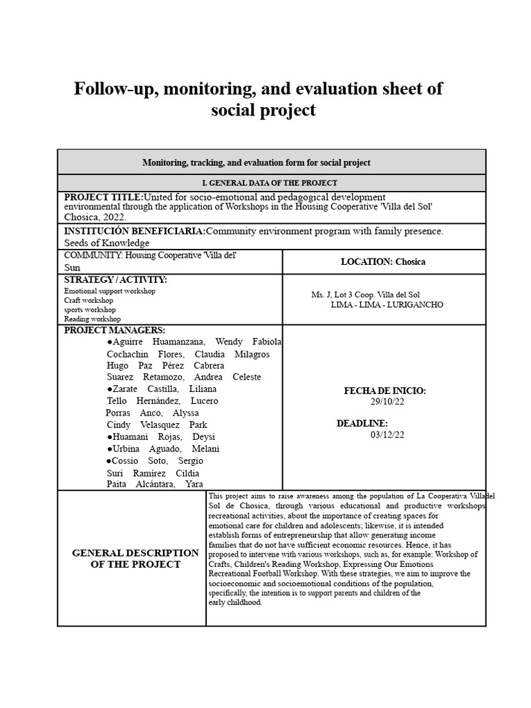 Social Project Monitoring and Evaluation Form | PDF | Adolescence ...