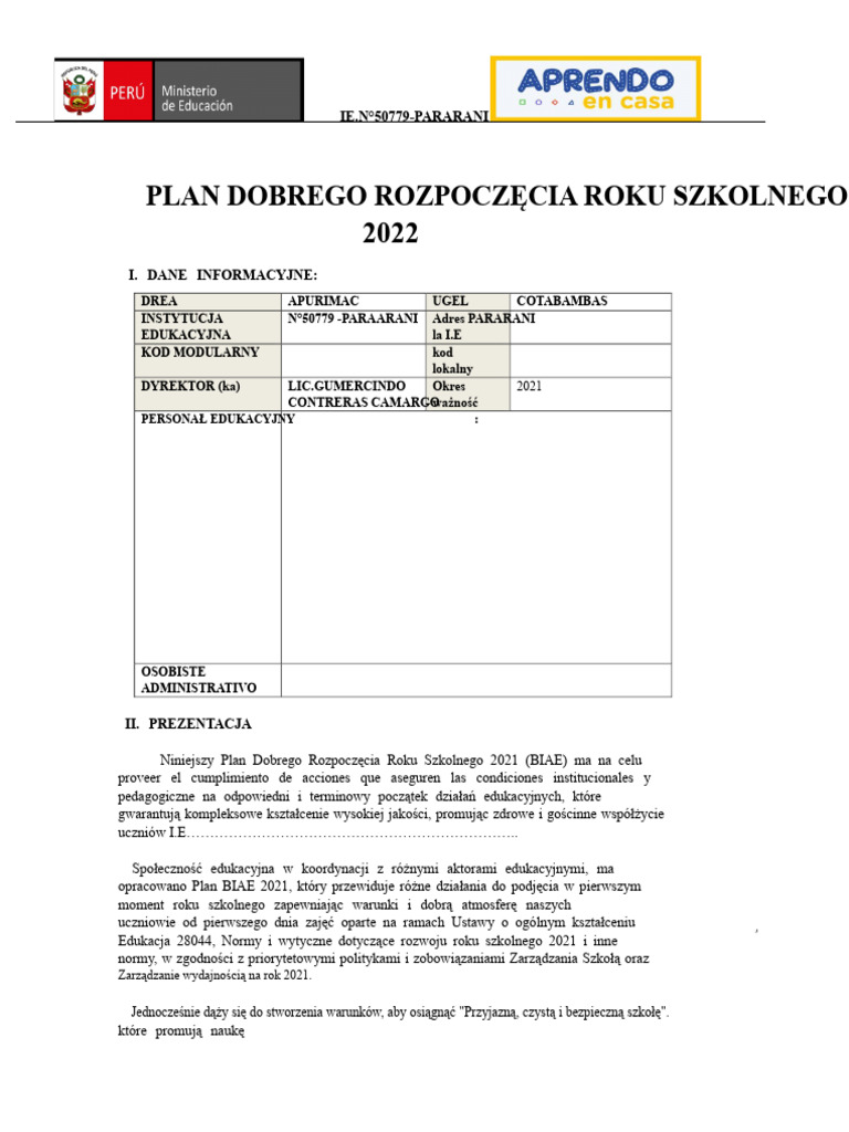 Plan - Dobry Początek Roku Szkolnego | PDF