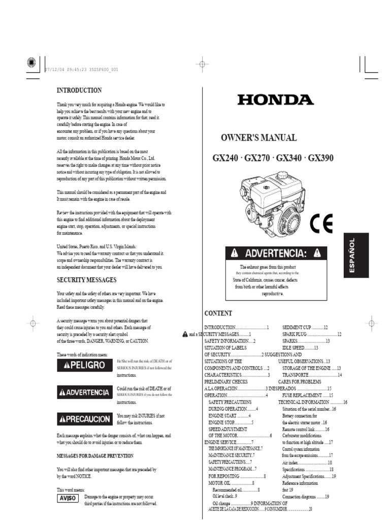 Honda Engine Owner's Manual Guide | PDF | Throttle | Gasoline