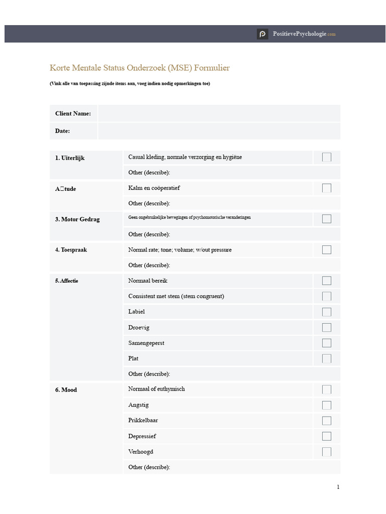 Korte Mentale Status Examen MSE Formulier | PDF