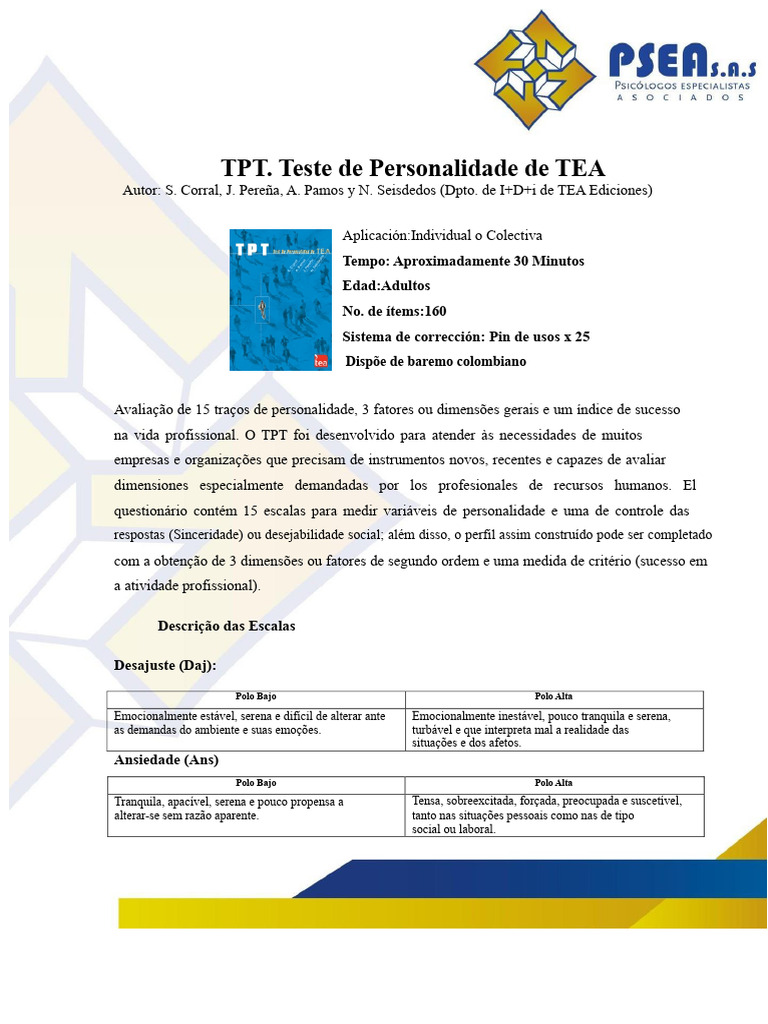 Teste de Personalidade TPT para Adultos | PDF | Gestão de recursos ...