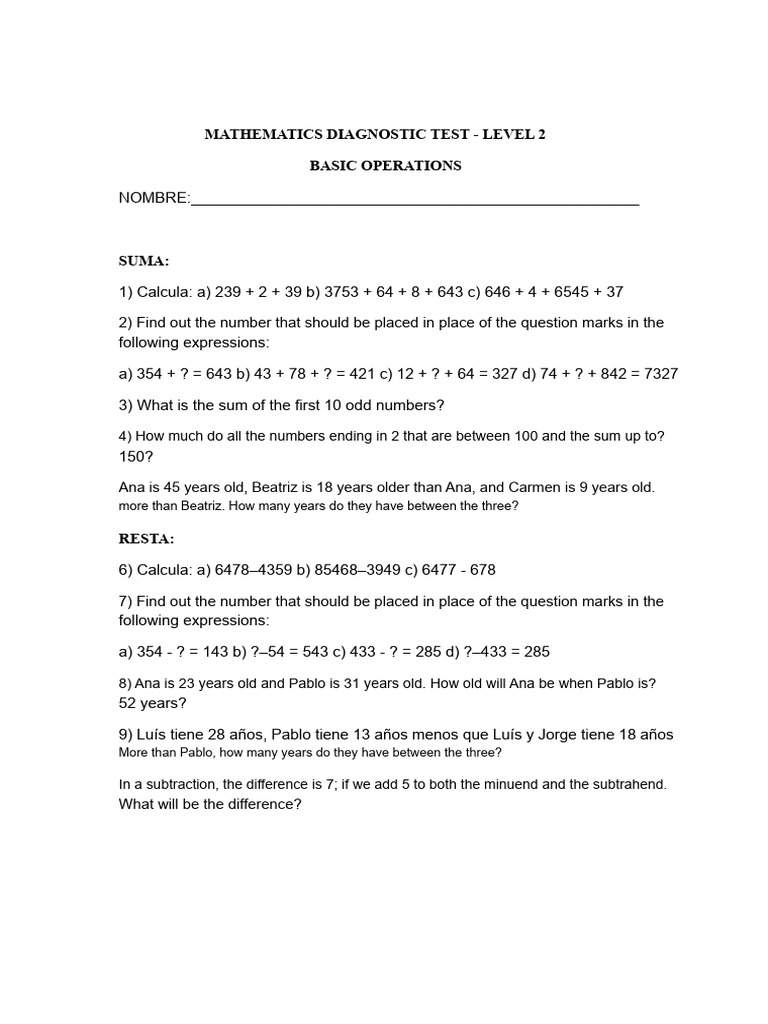 Level 2 Mathematics Diagnostic Test | PDF | Subtraction | Division ...