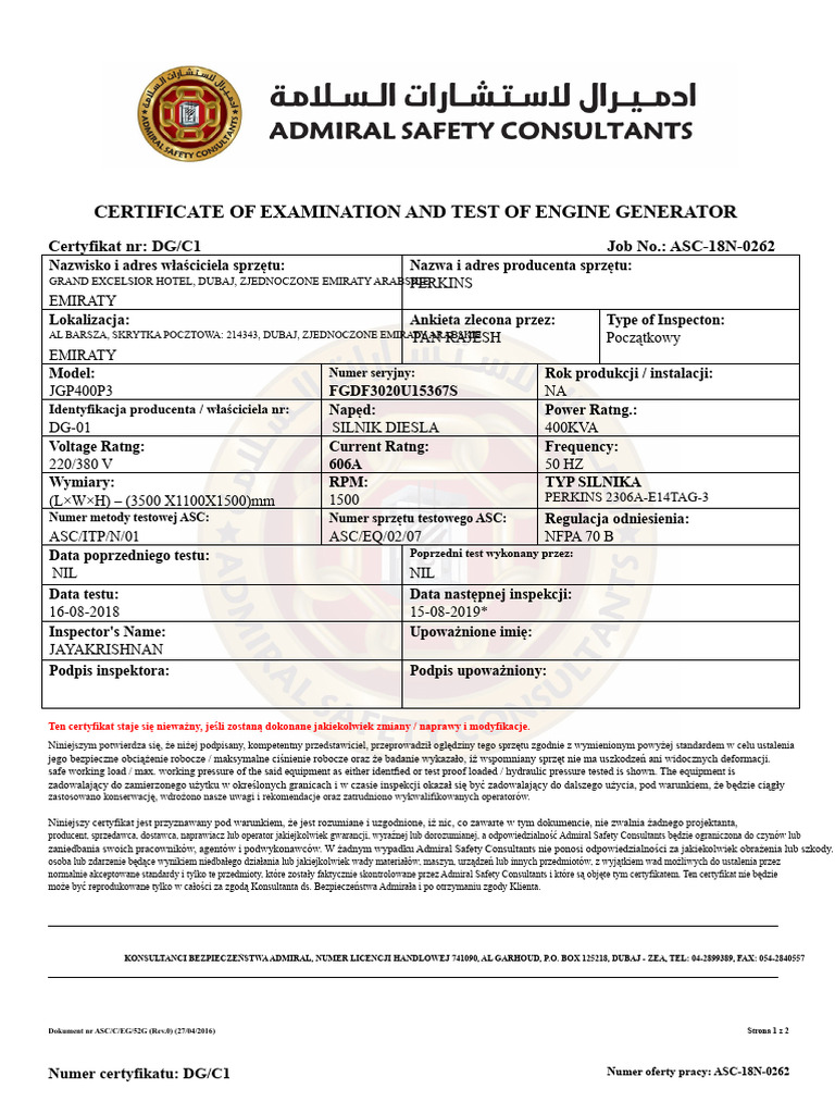 Certificate of Examination and Test of Engine Generator: Certyfikat NR ...