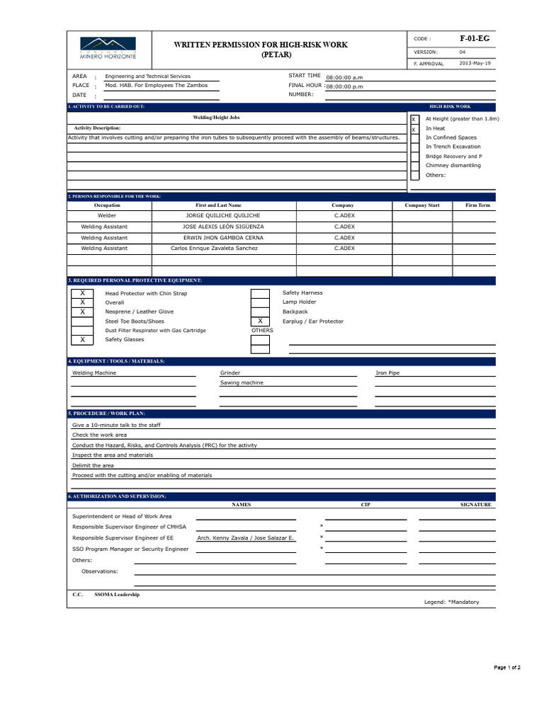 High-Risk Work Authorization Form | PDF | Welding | Construction