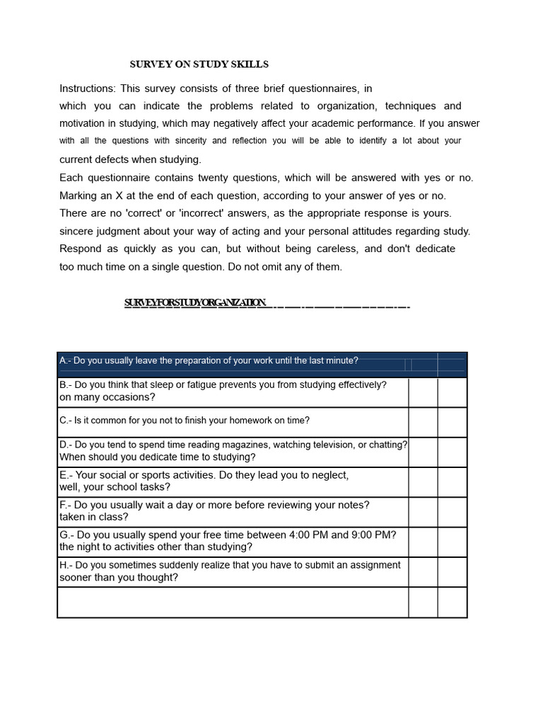 Survey On Study Skills | PDF | Questionnaire | Behavioural Sciences