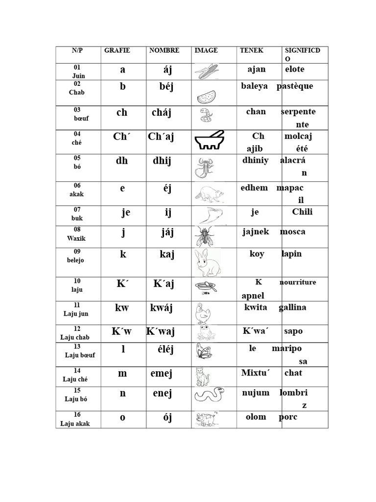 Vocabulaire Tenek-Espagnol et Significations | PDF | Zoologie | Animaux ...