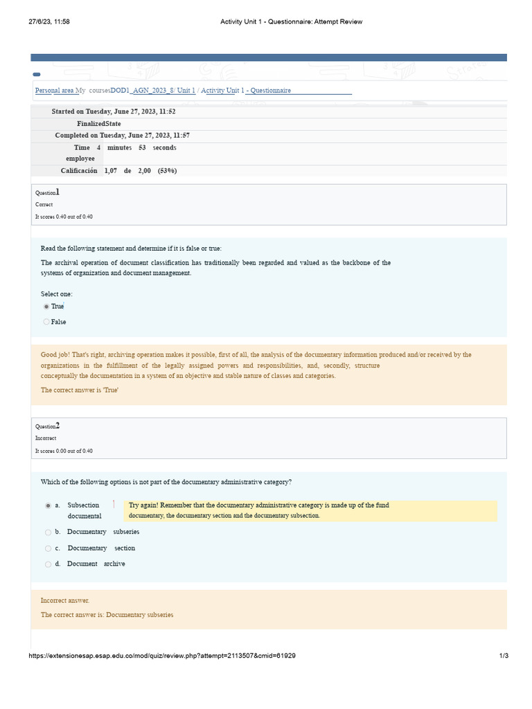 Activity Unit 1 - Questionnaire - Review of The Attempt | PDF ...