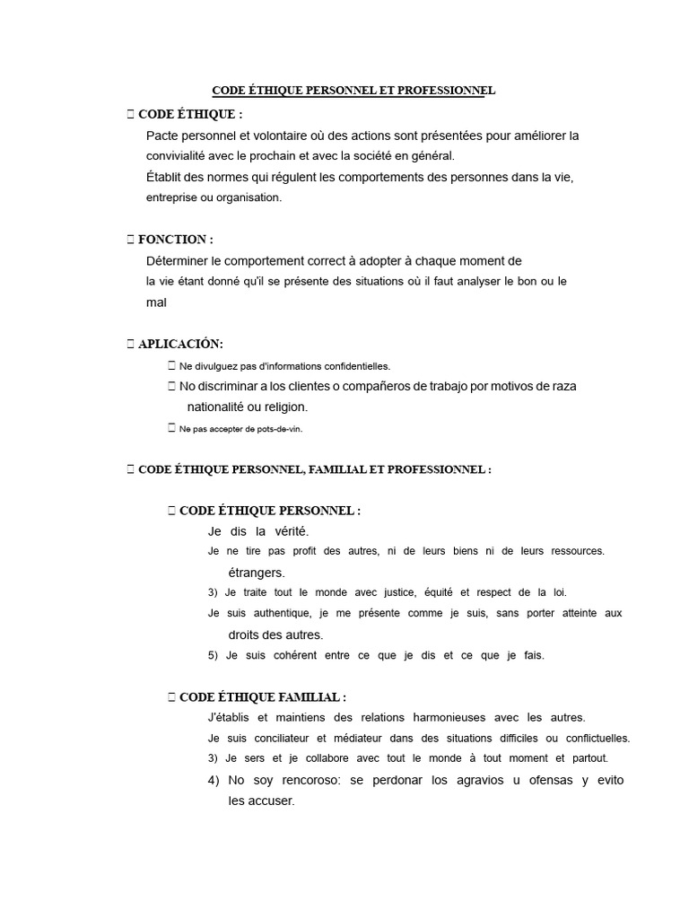Code Éthique Personnel et Professionnel | PDF