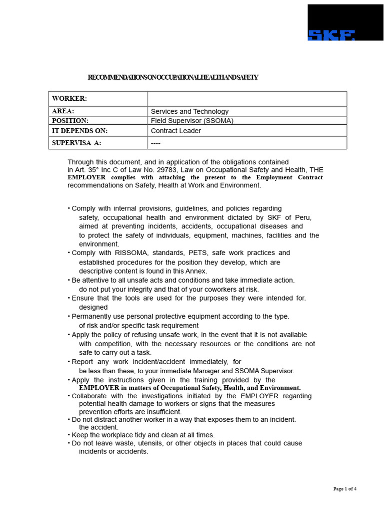 SST Recommendations - Field Supervisor | PDF | Occupational Safety And ...