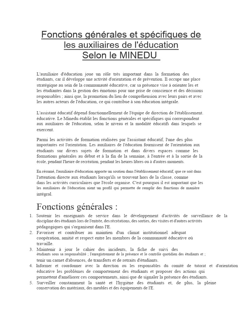 Rôle et fonctions des auxiliaires éducatifs | PDF