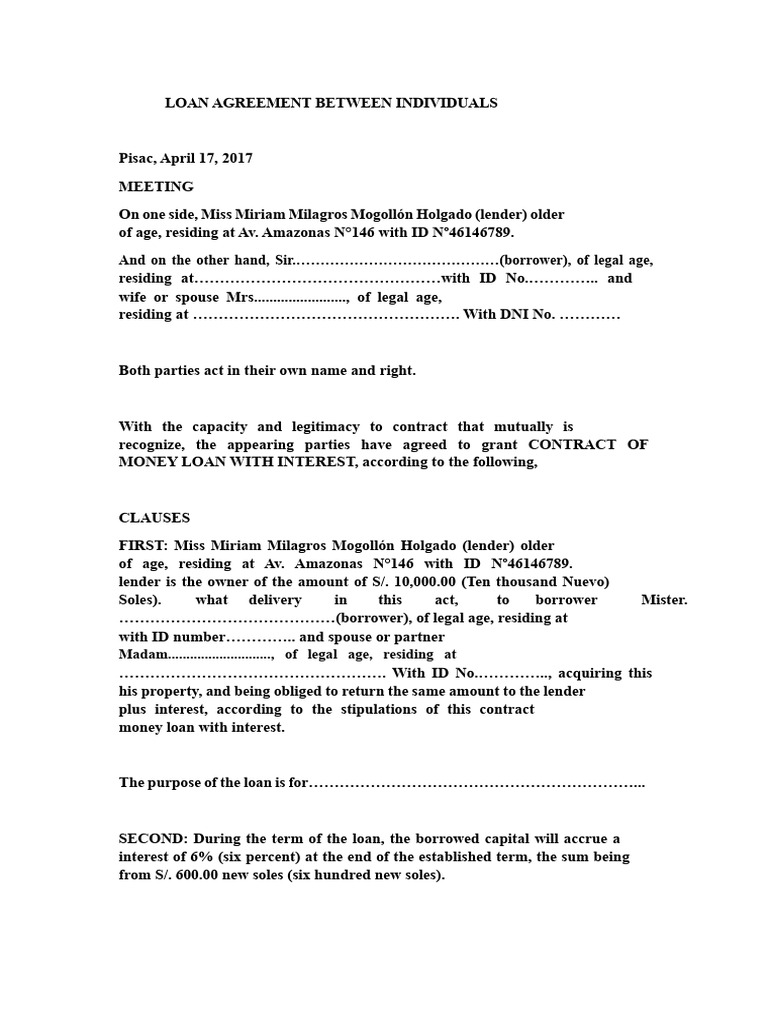 Loan Agreement Between Individuals Ok | PDF | Loans | Interest