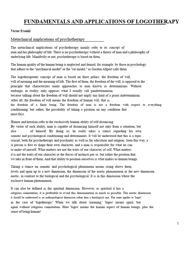 Fundamentals and Applications of Logotherapy | PDF | Free Will ...
