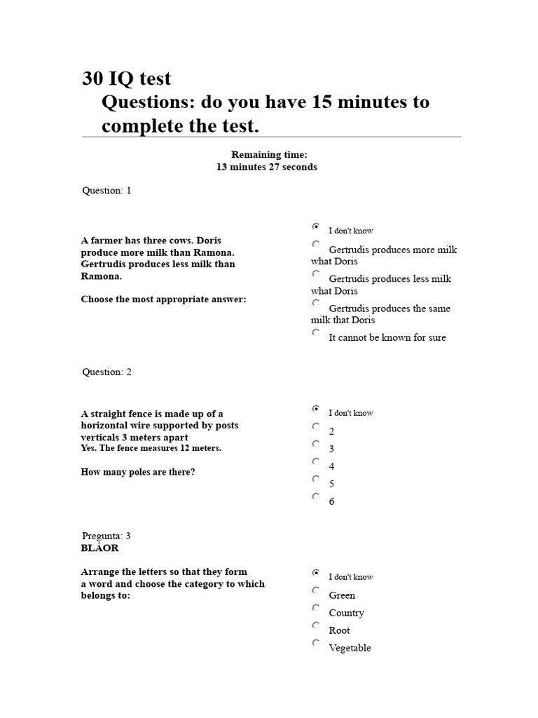 30 IQ Test Questions and Answers | PDF
