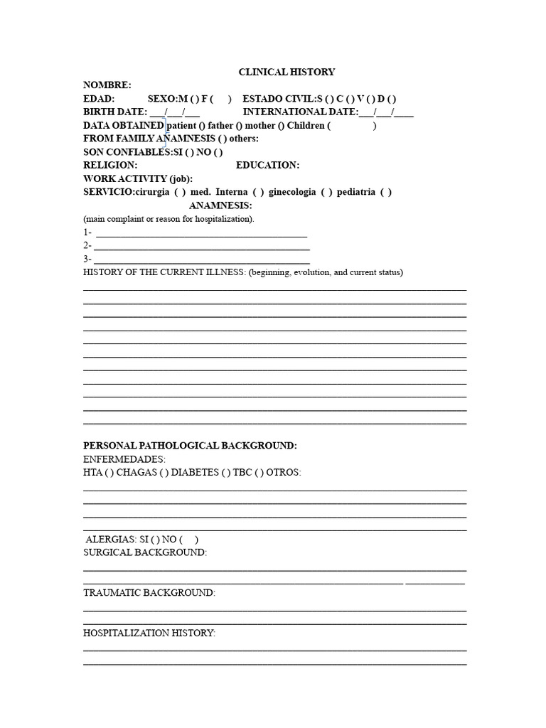 Comprehensive Clinical History Form | PDF | Medical Specialties | Medicine
