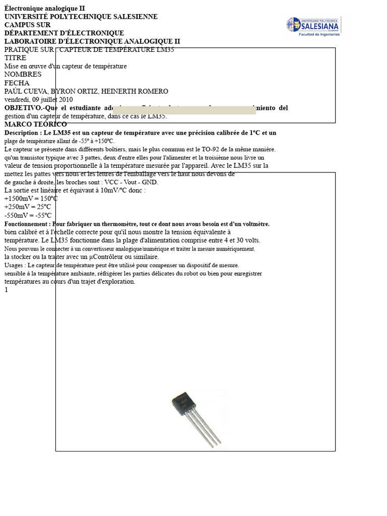Pratique sur le capteur LM35 en électronique | PDF | Électronique ...