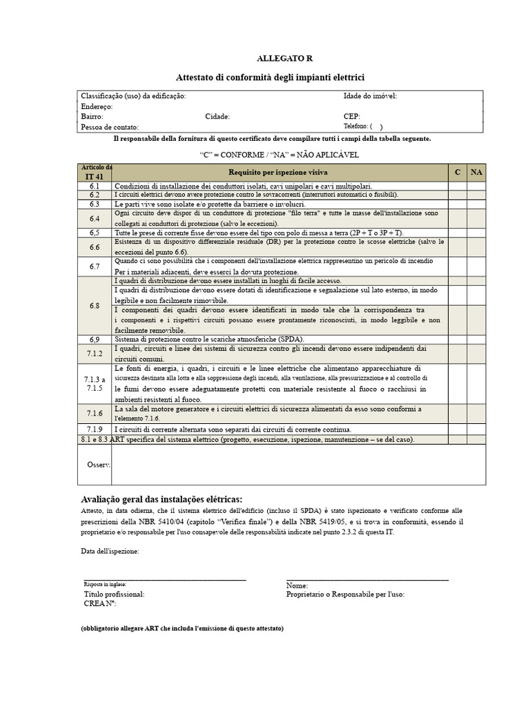 Allegato R Certificato Di Conformità Dell'installazione Elettrica | PDF