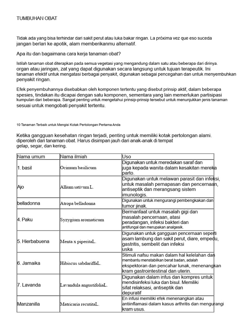 10 Tanaman Obat untuk Pertolongan Pertama | PDF