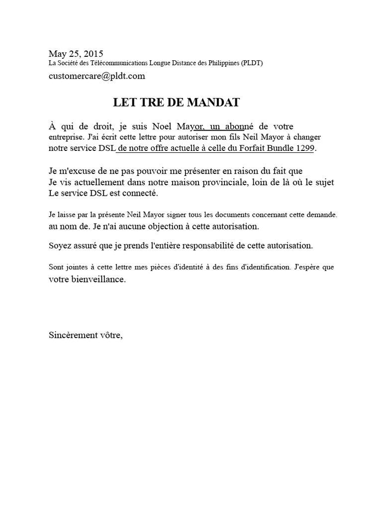 Exemple de Lettre D'autorisation PLDT | PDF