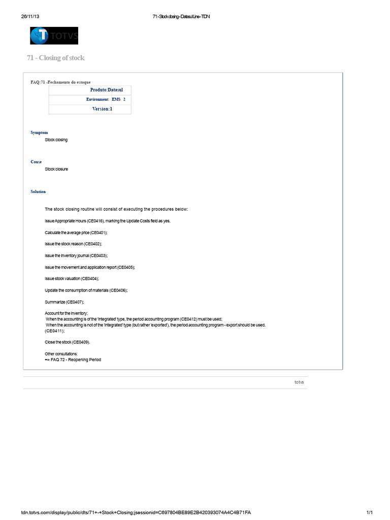 71 - Stock Closure - Datasul Line - TDN | PDF