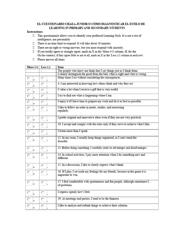 The Chaea Questionnaire | PDF | Learning Styles | Cognitive Psychology