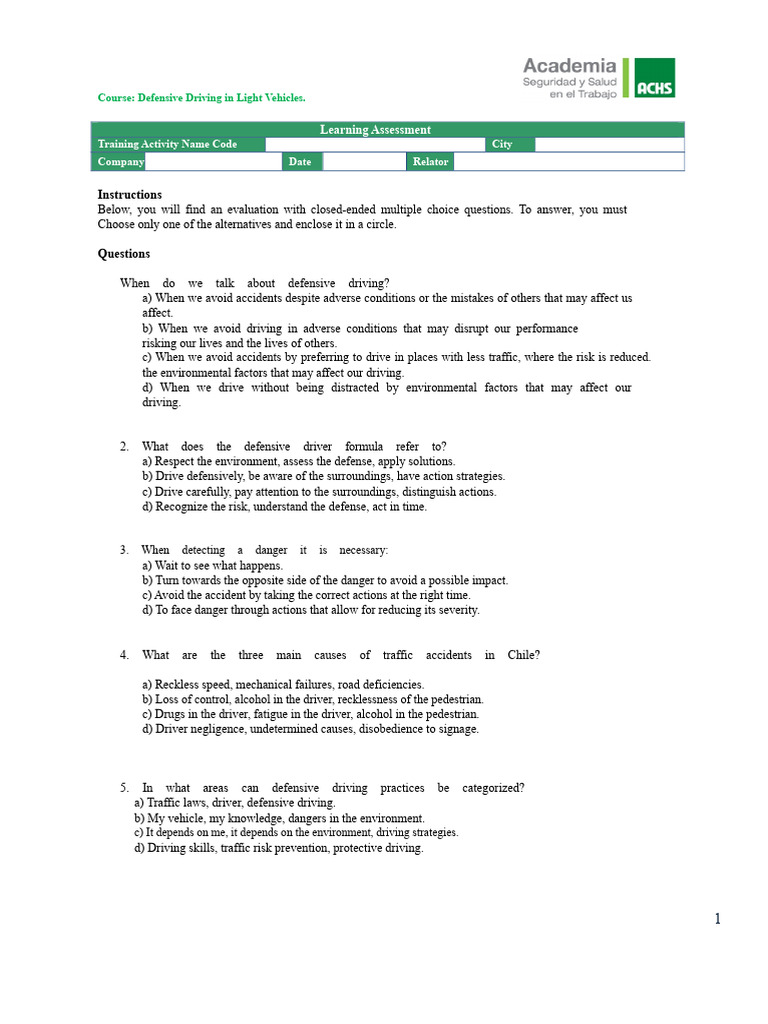 Defensive Driving Assessment Questions | PDF | Driving | Traffic