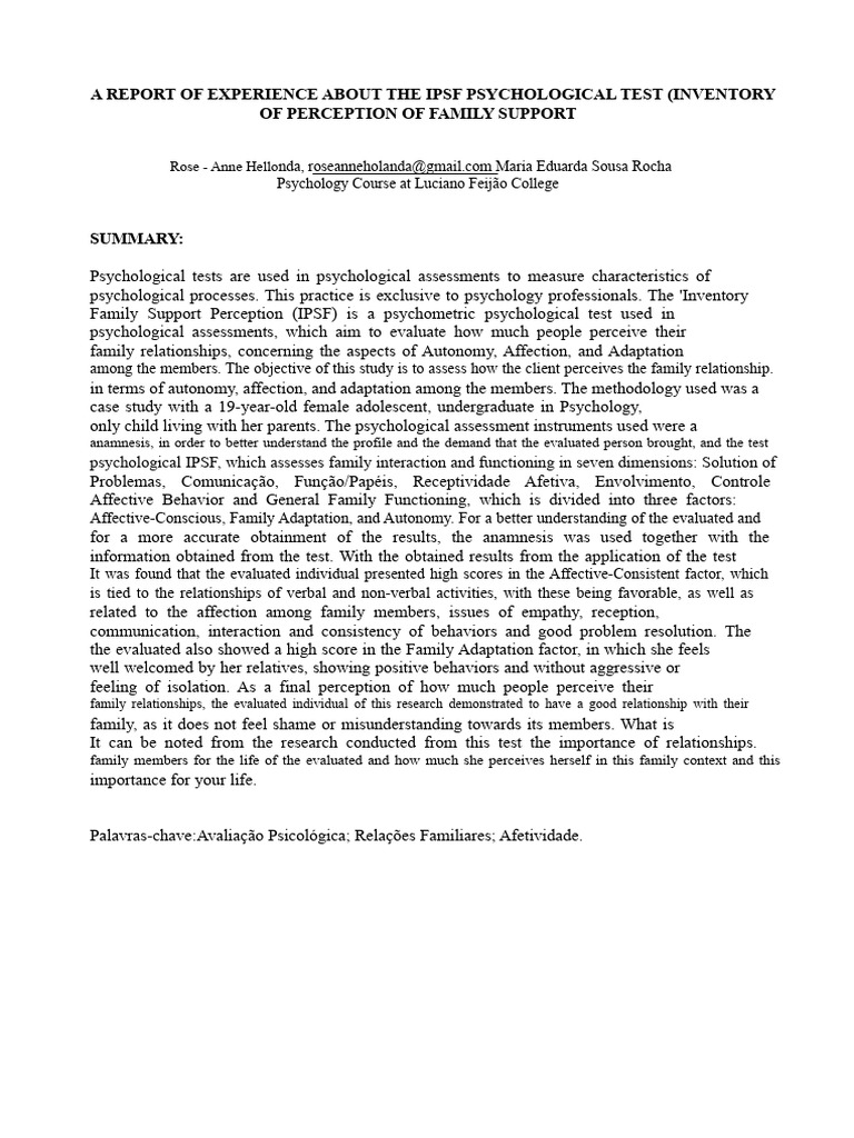 IPSF Test: Family Support Perception Analysis | PDF | Psychology ...