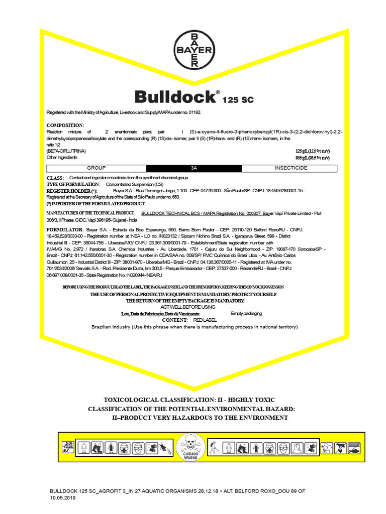 Bulldock 125 SC Insecticide Guide | PDF | Personal Protective Equipment ...