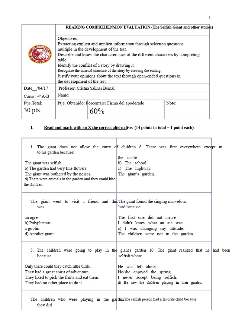 Reading Comprehension Test: The Selfish Giant | PDF | Reading Comprehension
