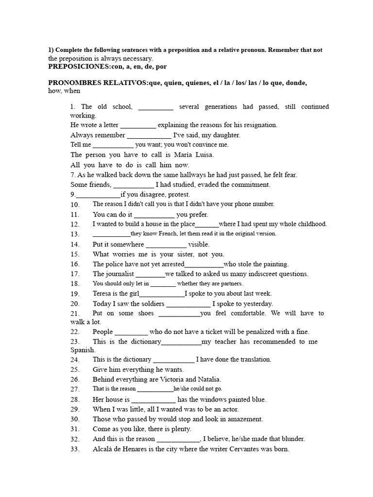 Prepositions and Relative Pronouns Exercises | PDF | Pronoun | Syntax