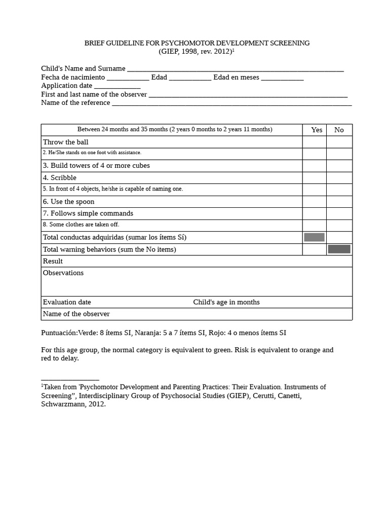 Sheets - Brief Screening Guidelines For Psychomotor Development - 24 To ...