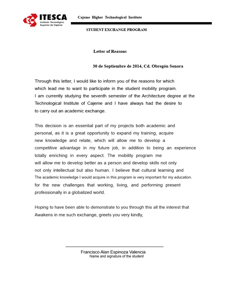 Example of A Letter of Reasons | PDF