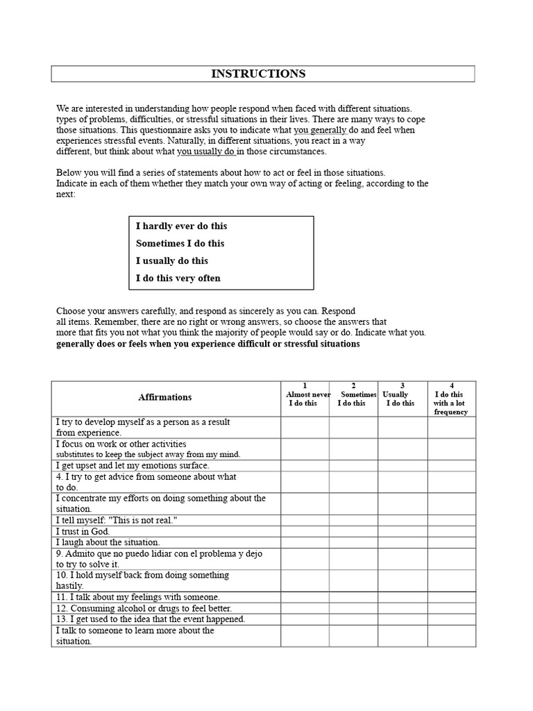 Coping Strategies Questionnaire Guide | PDF | Questionnaire | Feeling