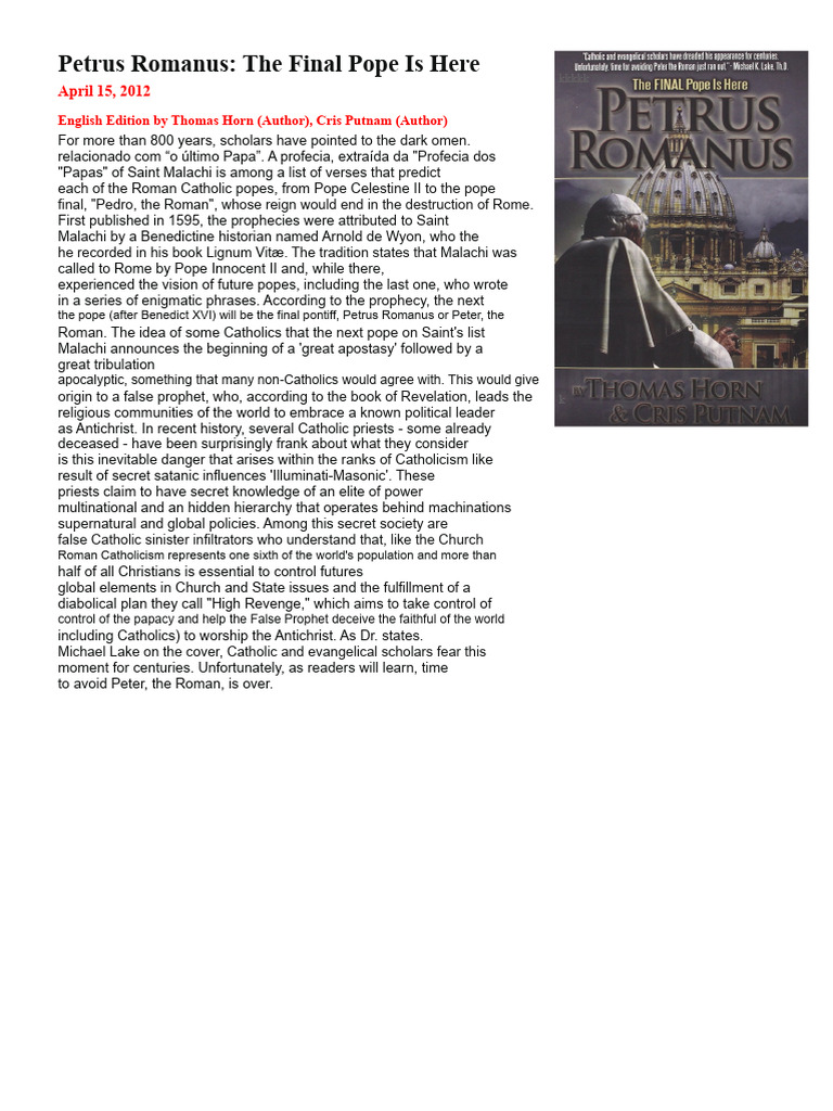 Petrus Romanus The Last Pope | PDF | Catholic Church | Religious Belief ...