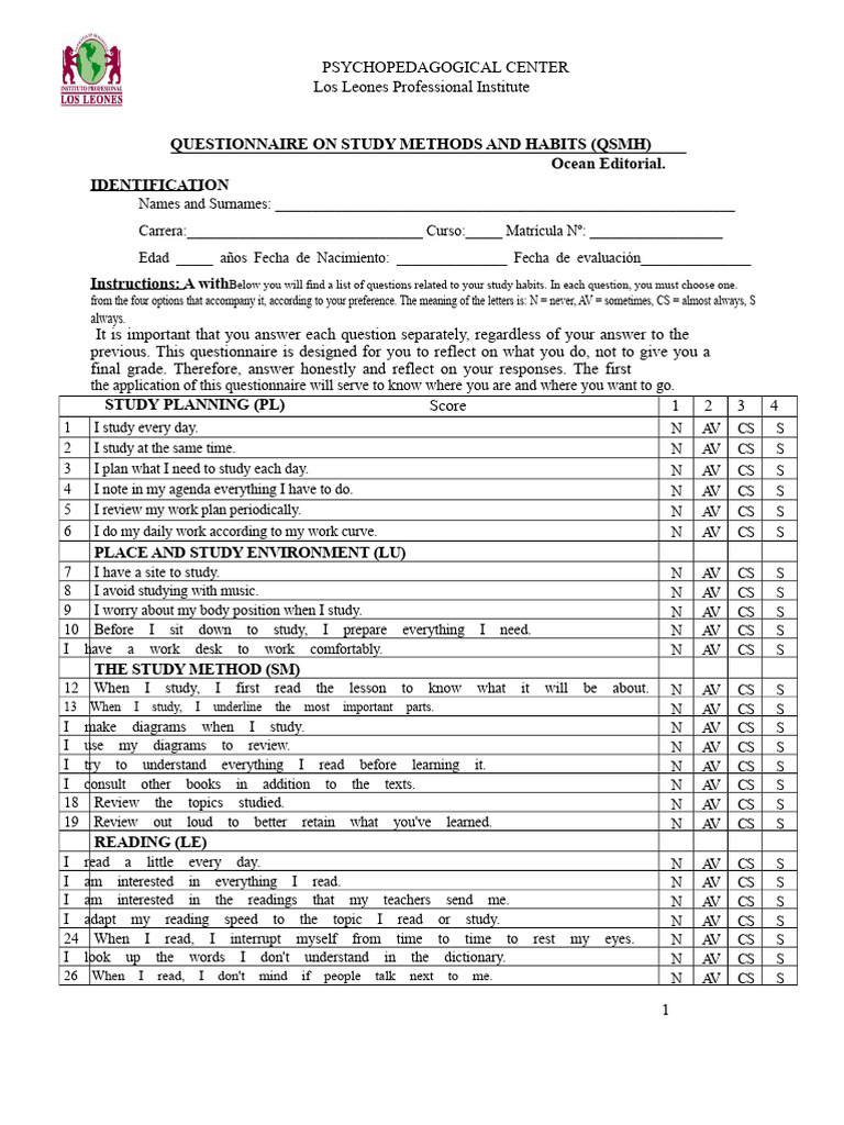 Study Methods and Habits Questionnaire | PDF | Cognition
