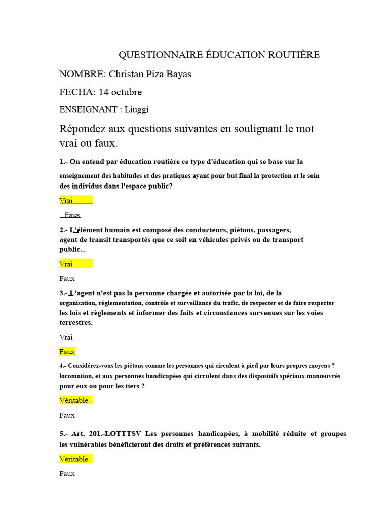 Questionnaire sur l'éducation routière | PDF | Véhicules | Piéton