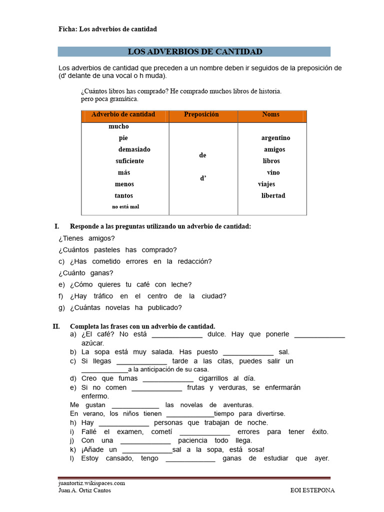 Ficha Adverbios de Cantidad | PDF | Adverbio