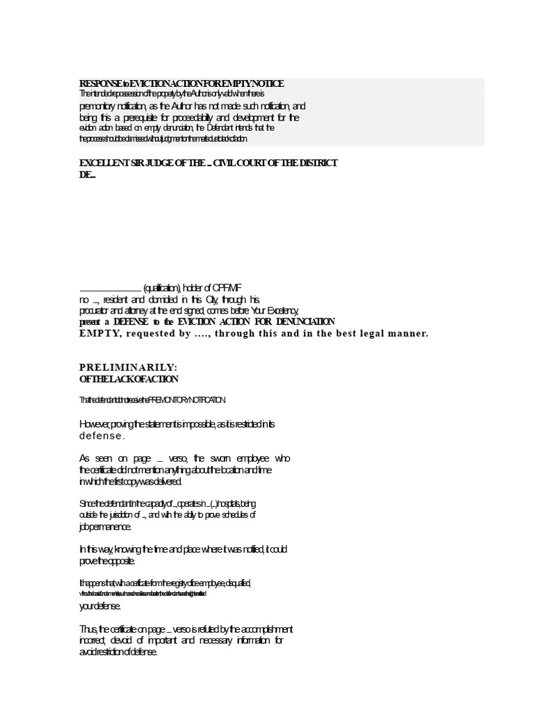 DEFENSE Against EVICTION ACTION FOR EMPTY DENUNCIATION | PDF | Landlord ...