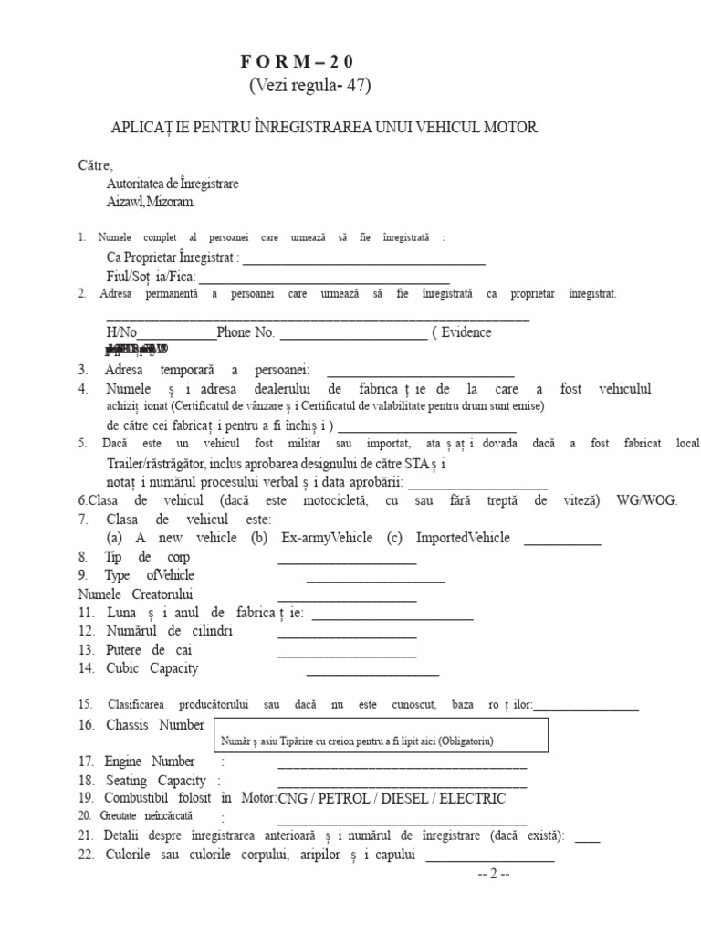 Formular de Cerere Pentru Inregistrarea Vehiculului Formular 20 | PDF